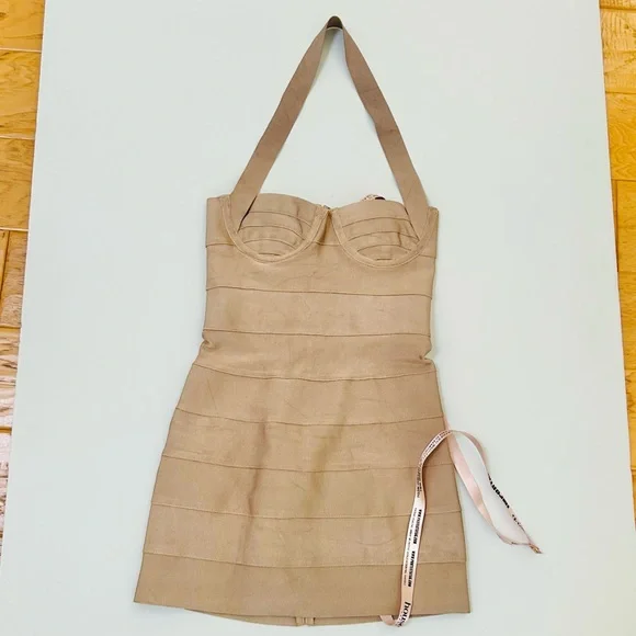 House of CB NWT Maliha Halter Neck Underwire Mini Dress Taupe Beige Bustier - Picture 5 of 6